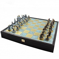 Σκάκι σετ μεταλλικό τιρκουάζ/χρυσό κυκλαδικό σε κασετίνα
